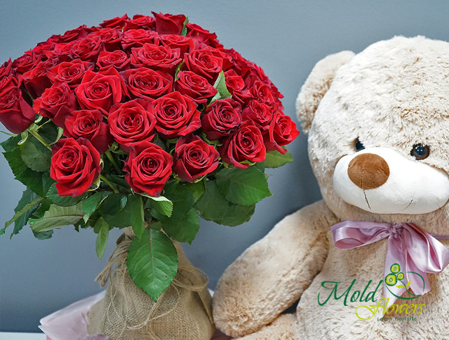 Set of 51 red roses 60 cm, 80 cm teddy bear, and 230g Raffaello photo